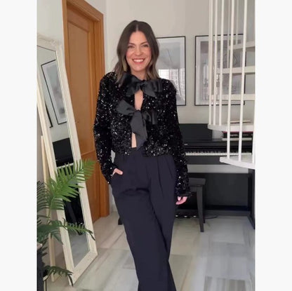 Sequined Back-Bowed Dress Fashion Round Neck Long Sleeve Dresses For Party Daily Shopping Women