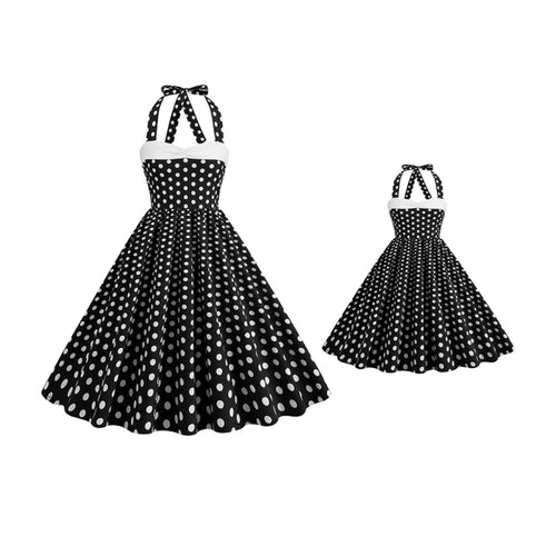 Mommy and Me Matching Dresses Vintage Polka Dot 1950s Rockabilly Audrey Hepburn Swing Tea Dress Sleeveless Elegant 50s 60s Wedding Cocktail Party Gown Mom Daughter Matching Outfits Black 7-8 Years