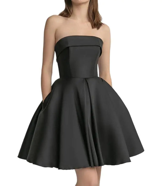 StarRovelex Homecoming Dresses for Teens Satin Short Prom Party Cocktail Bridesmaid Dress with Pocket Strapless A Line Elegant Puffy Semi Formal Gala Mini Dress Black 4