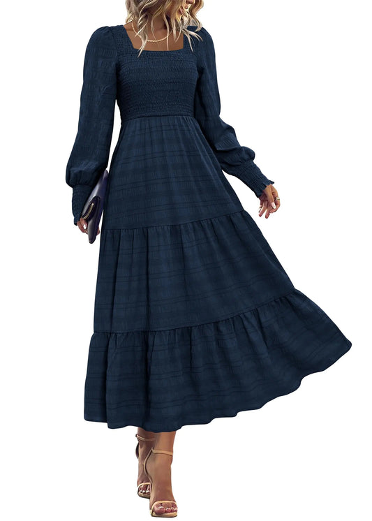 KIRUNDO Women Fall Winter Wedding Guest Maxi Dress Elegant Puff Long Sleeve Smocked Empire Waist Swing Flowy Long Dresses(Navy Medium)