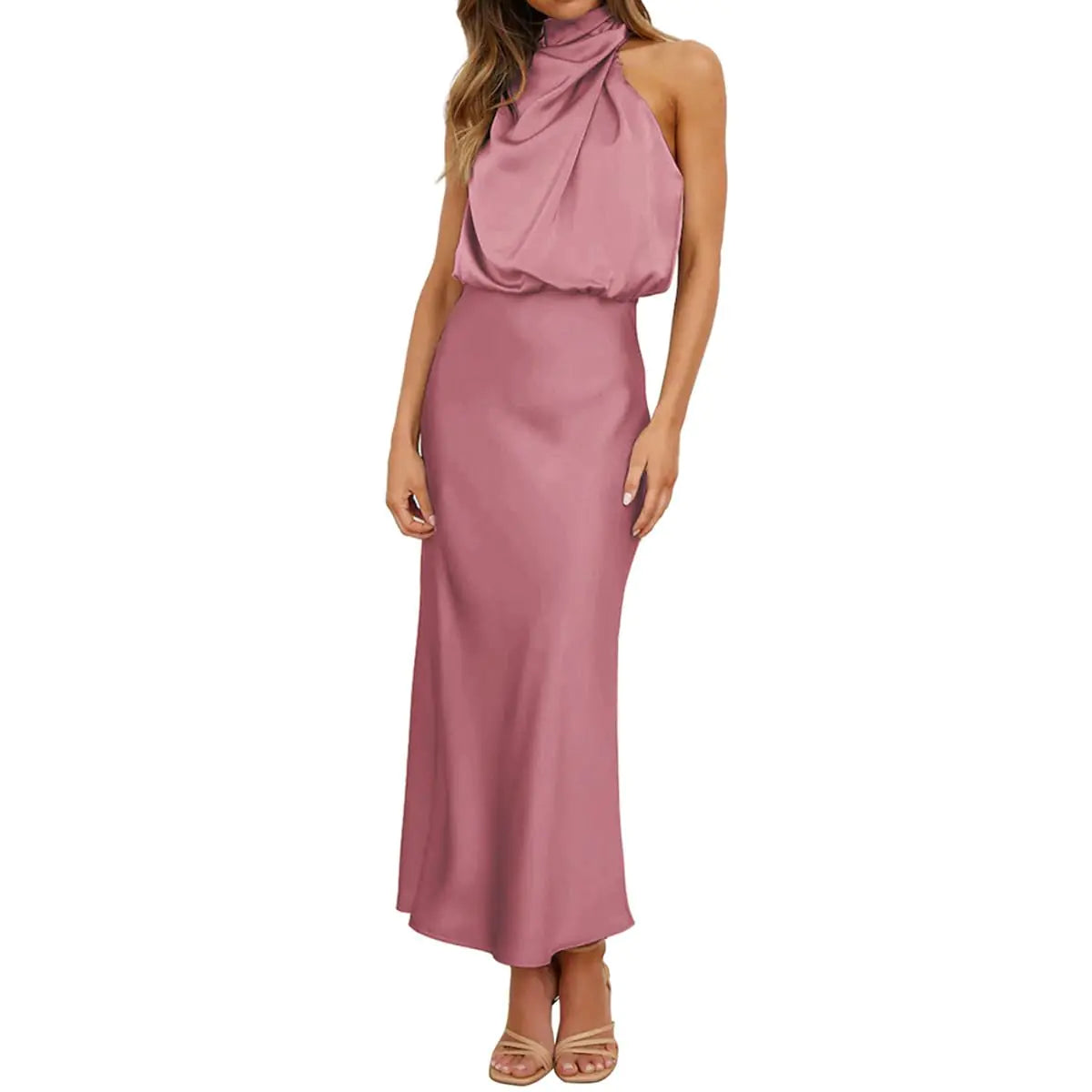 ABEHIK Womens 2024 Summer Satin Dress Elegant Sleeveless Collect Waist Halter Neck Cocktail Party Maxi Dresses Wedding Guest Long Formal Ruffle Bodycon Dress Rose Red S