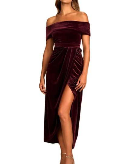 Realtix Elegant Velvet Ruched Bodycon Wrap Off The Shoulder Dresses for Women Sexy High Slit Cocktail Party Midi Dresses Wine