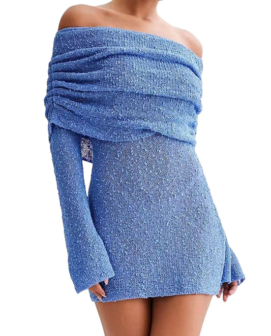 Voghtic Womens Sexy Off Shoulder Knit Crochet Mesh Mini Bodycon Dress Ruched Elegant Sweater Cocktail Party Dresses Blue